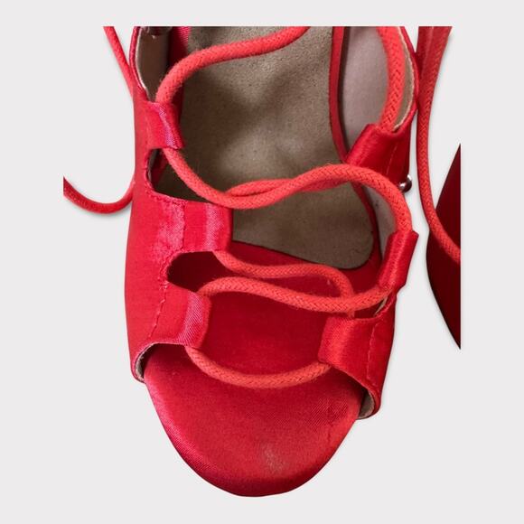 Burju Latin Dance Alemana Red Satin Open Toe Lace Up Heeled Sandals Size 6.5 - Picture 4 of 16
